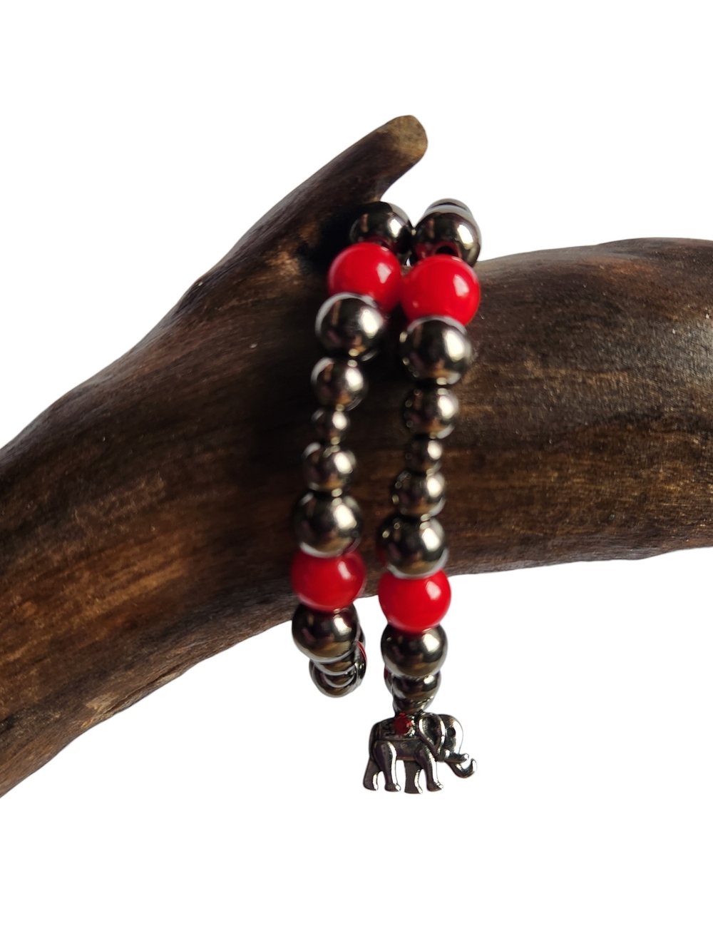 Red And Silver Tone Beaded Bracelet Set Of 2 with Elephant Charm